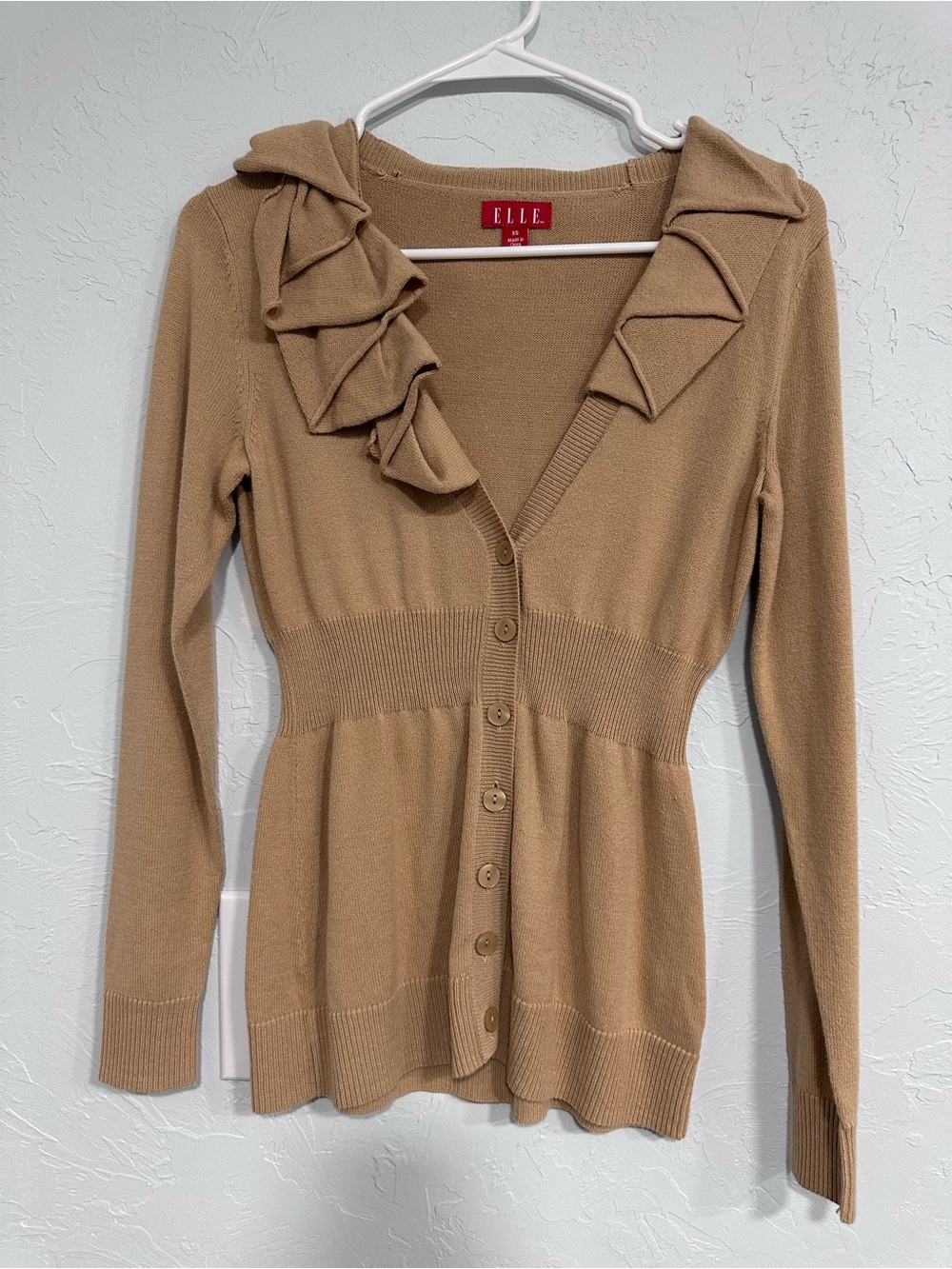 ELLE Camel Ruffle-Collar Button Cardigan